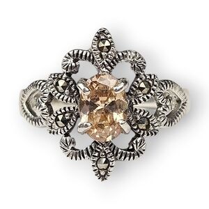 Marsala Smoky Quartz Sterling Ring Marcasite Heart Flower 925 Silver Size 6.75